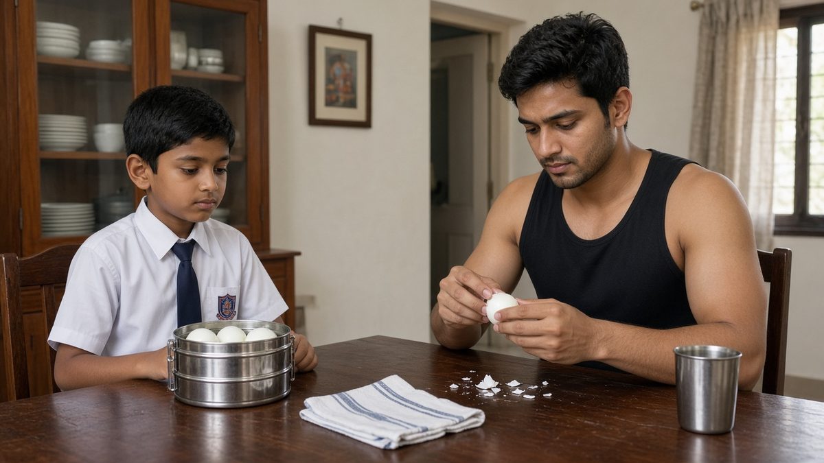 Indian school ka bachcha tiffin mein uble ande ke saath aur gym jaane wala Indian yuvak anda chheelta hua