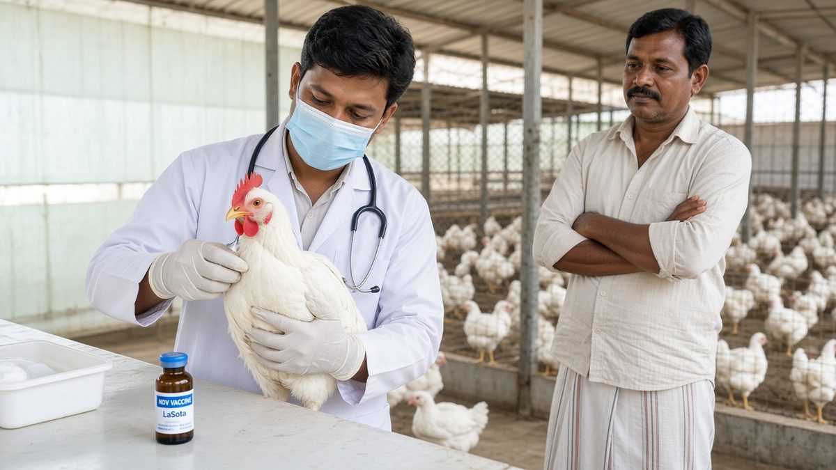 Indian pashu chikitsak dastaane aur mask pehne poultry farm mein murgi ki jaanch karte hue, Indian kisan saath mein