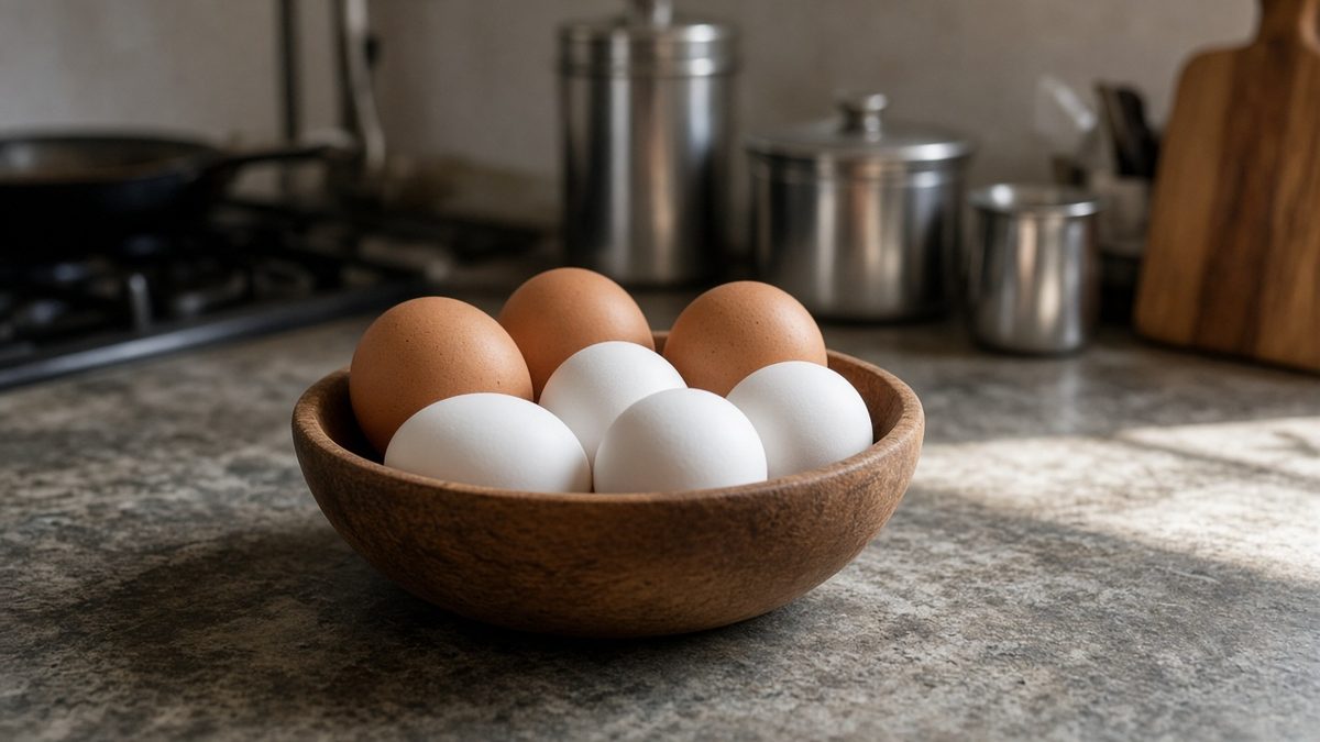 Lakdi ke katore mein brown aur white ande, Indian kitchen mein