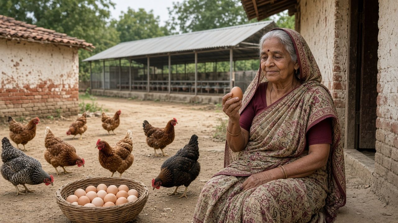 Gaon ke aangan mein desi murgiyaan aur ande ki tokri ke saath Indian buzurg mahila