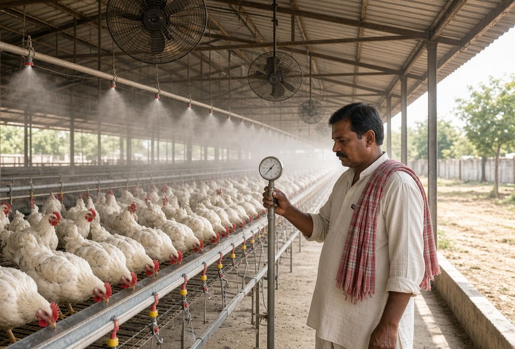 Garmi mein poultry shed mein pankhe aur foggers, Indian kisaan gauge check karte hue
