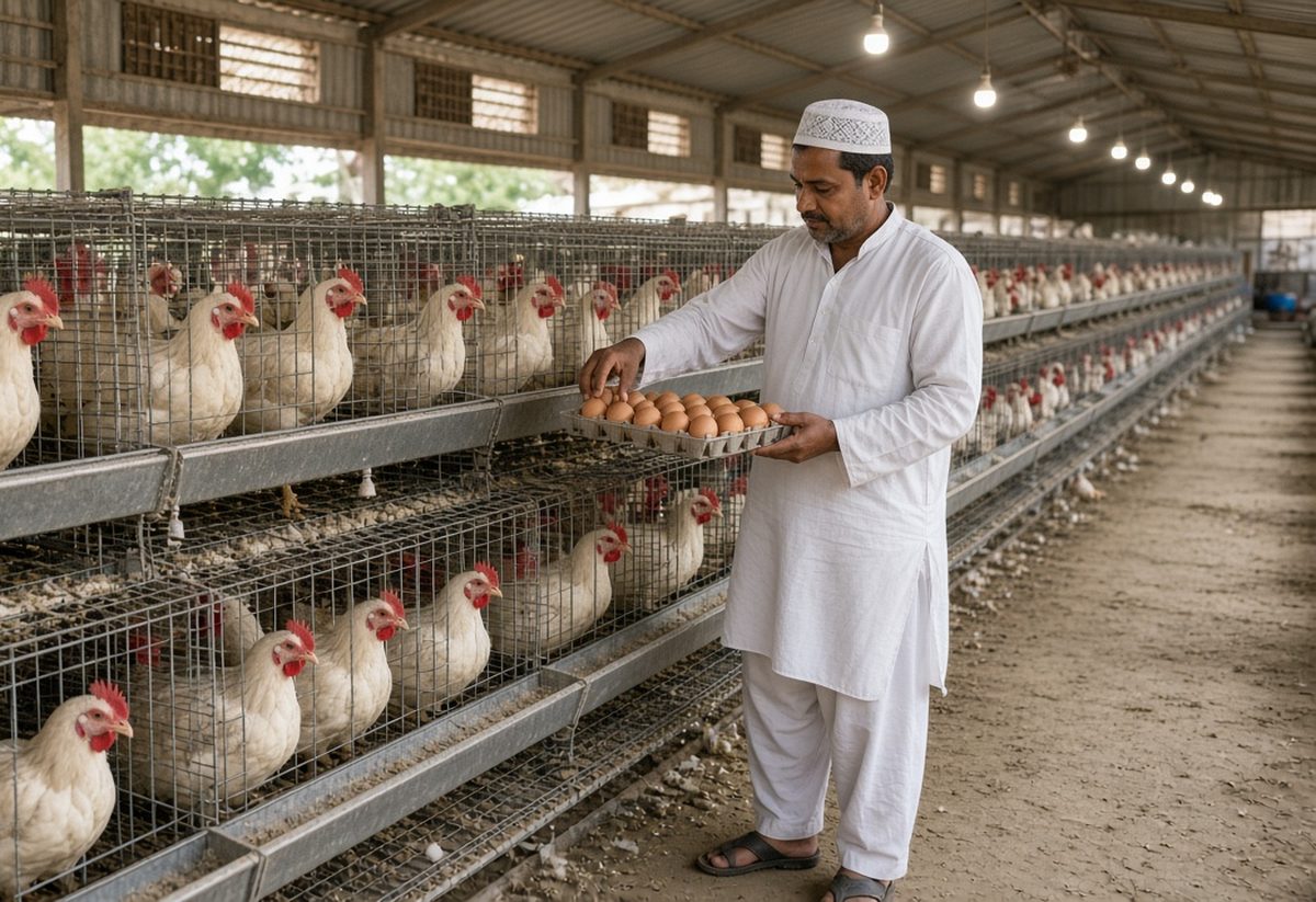 Uttar Pradesh ke layer poultry farm mein Indian kisan cage se ande tray mein ikattha karte hue