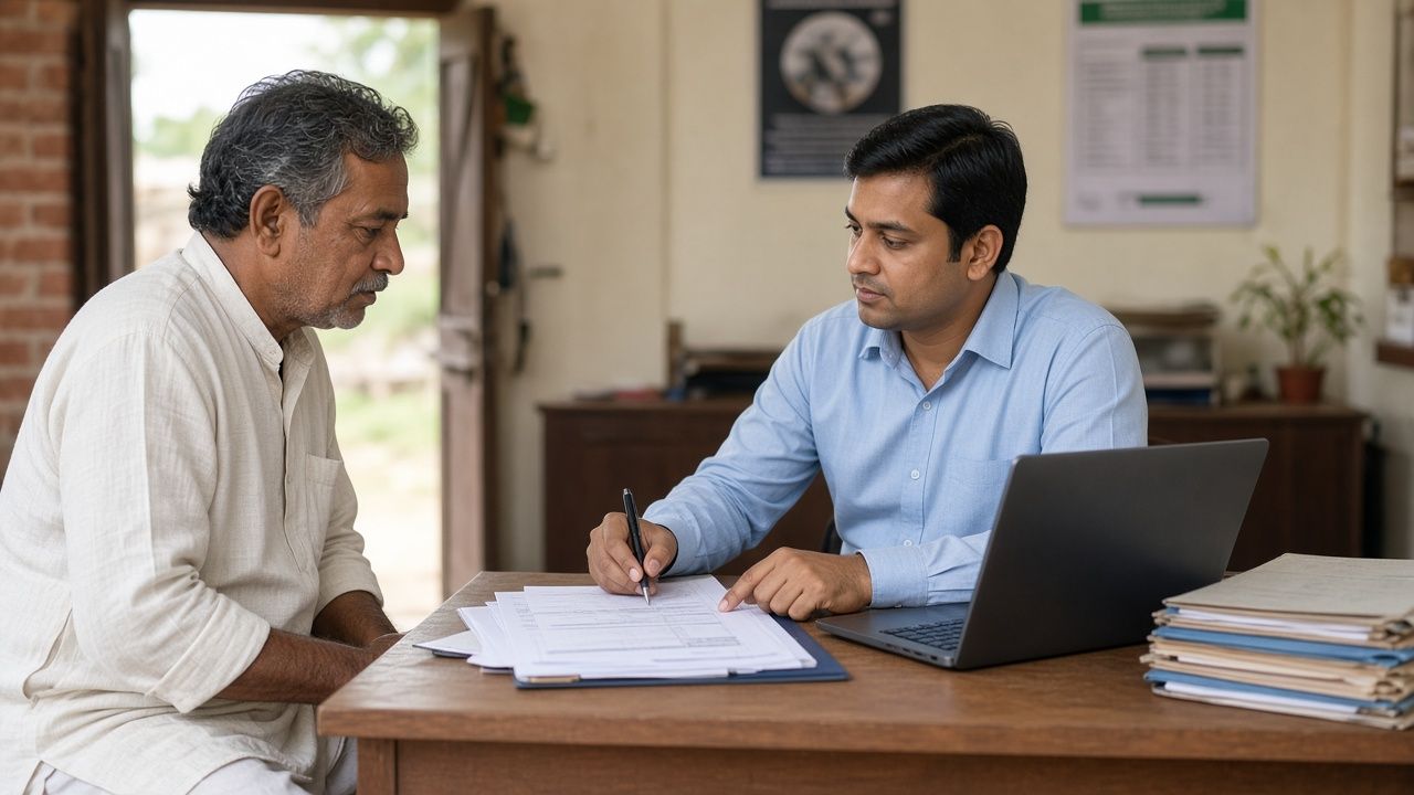 Gaon ke bank mein Indian kisaan aur bank adhikari loan documents dekhte hue