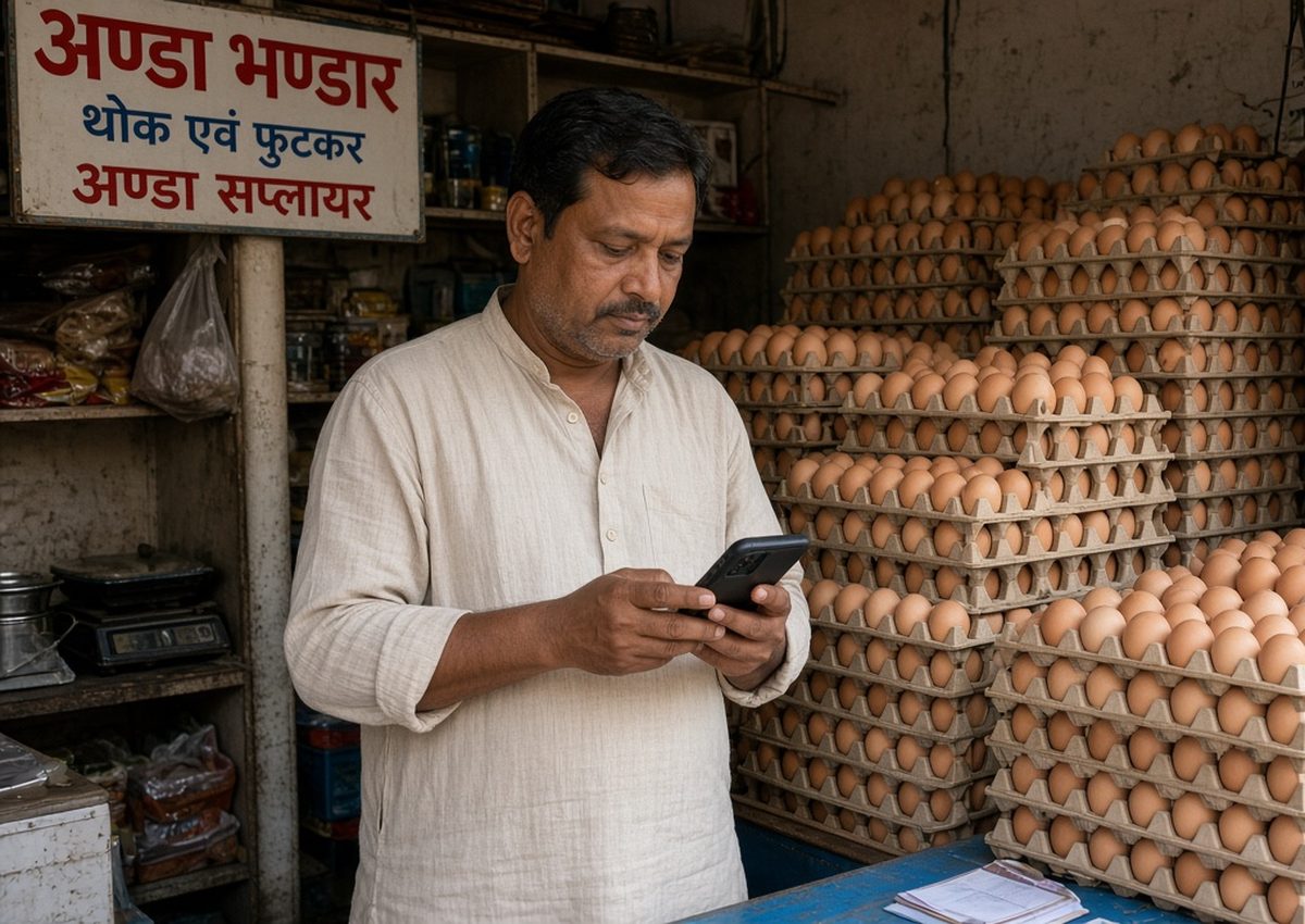 Indian ande ke wholesale vyapari mobile par aaj ka egg rate check karte hue, peeche andon ki trays