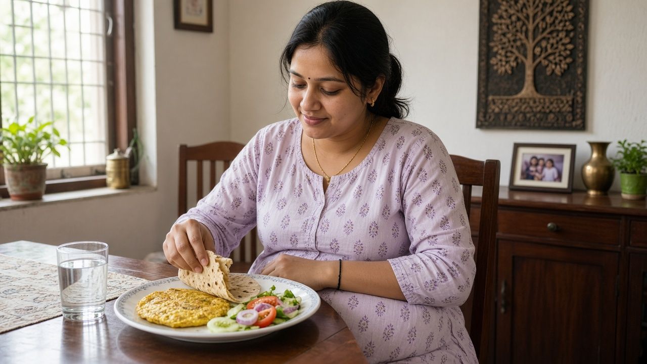 Garbhvati Indian mahila ghar par poori tarah paka omelette aur roti khaate hue