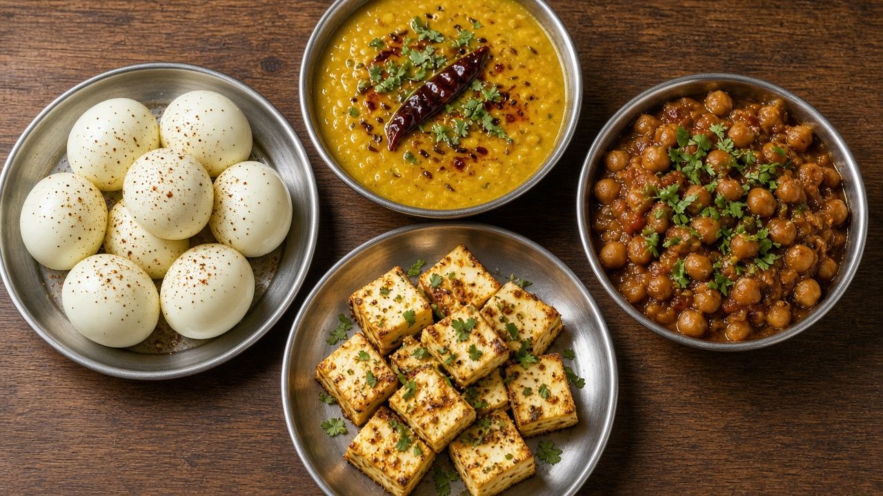 Steel ki thaali mein uble ande, paneer, dal aur chana