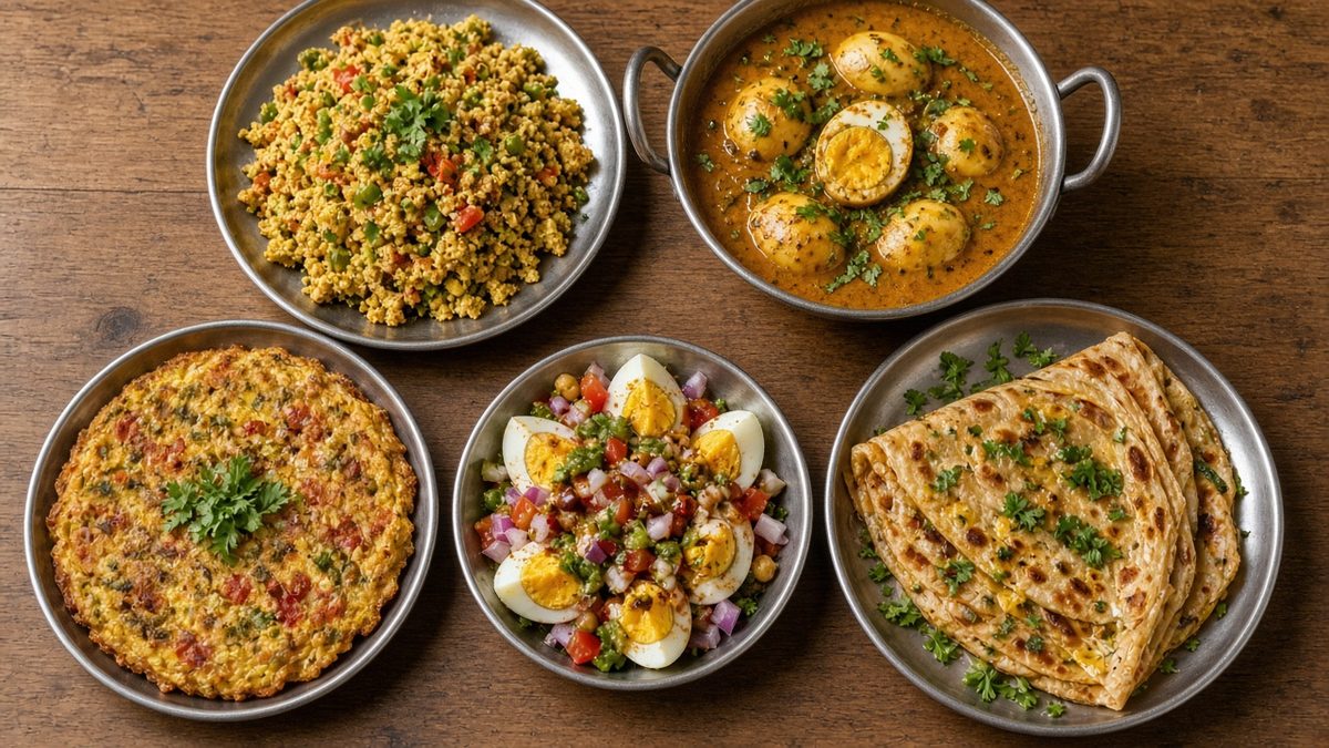 Steel ki thaaliyon mein anda bhurji, egg curry, masala omelette, egg chaat aur egg paratha