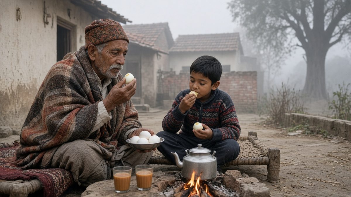 Kohre wali subah Indian dada aur pota shawl aur sweater mein aag ke paas uble ande khaate hue