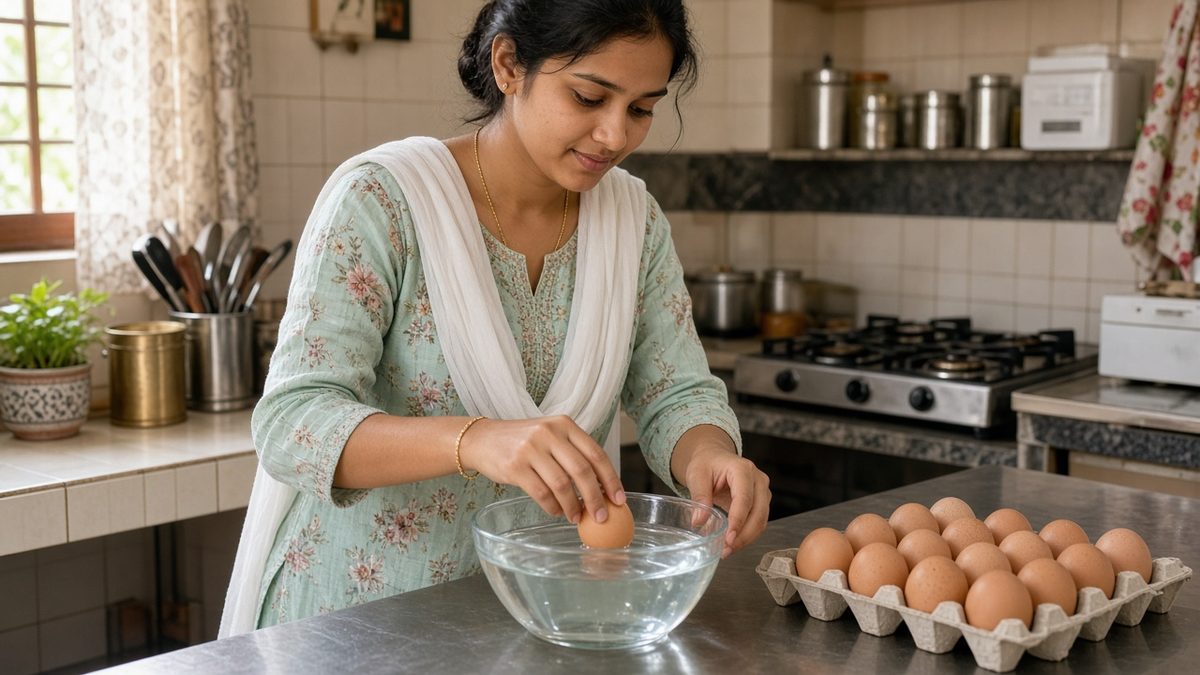 Indian mahila kitchen mein paani ke katore mein anda daal kar taazepan check karti hui