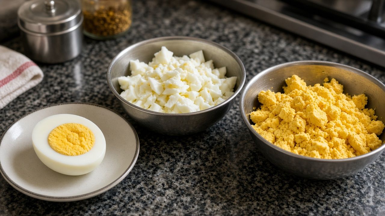 Ubla anda aadha kata hua, alag katoriyon mein safed hissa aur peela yolk