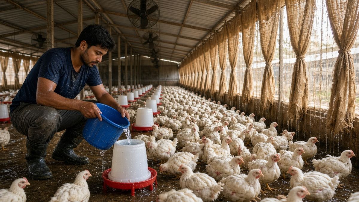 Garmi mein broiler shed mein Indian yuvak drinkers mein thanda paani bharte hue, geele jute ke parde