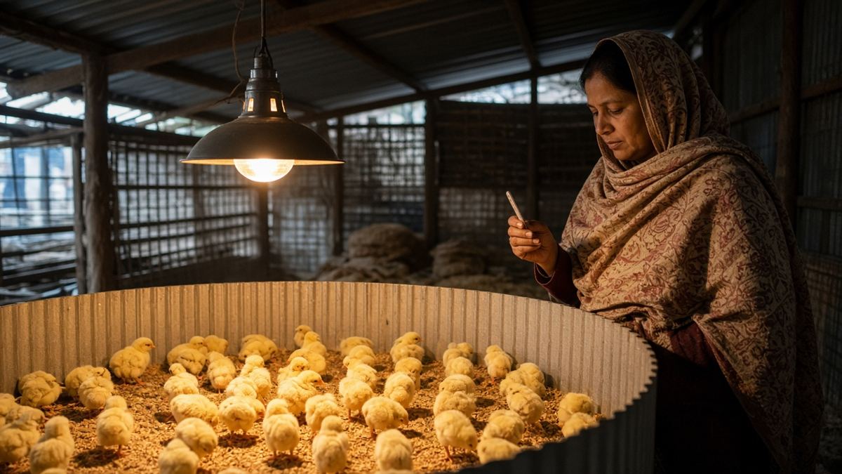 Sardi mein brooder lamp ke neeche chick guard mein chooze, Indian mahila thermometer dekhte hue