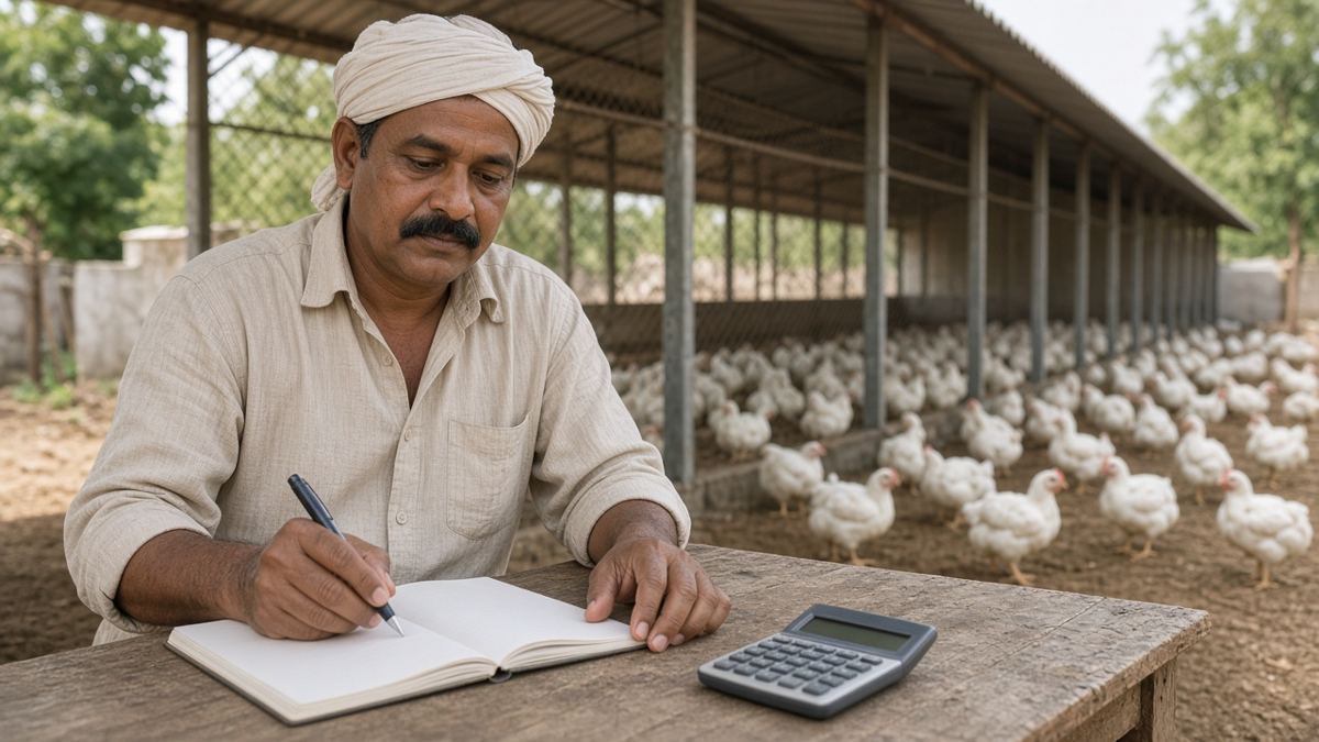 Broiler shed ke paas Indian kisaan notebook aur calculator se hisaab lagaate hue