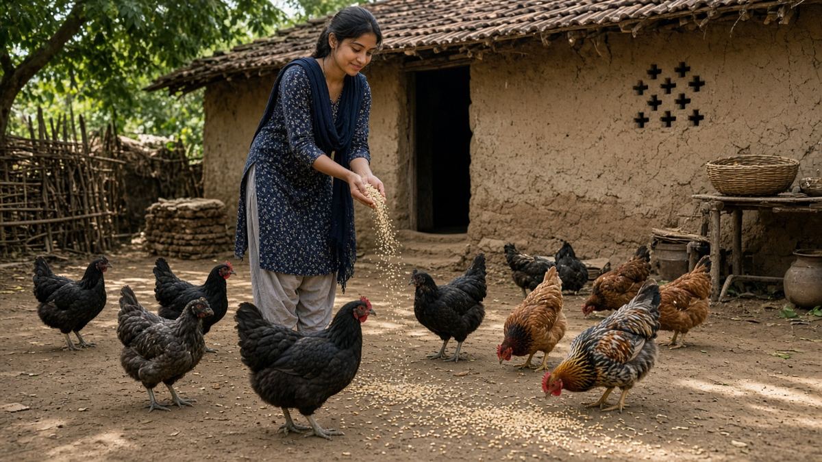 Gaon ke aangan mein kaale Kadaknath aur rang-birangi desi murgiyon ko daana daalti Indian yuvati