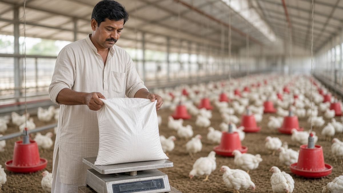 Indian broiler kisaan shed mein feed bag taraazu par tolte hue
