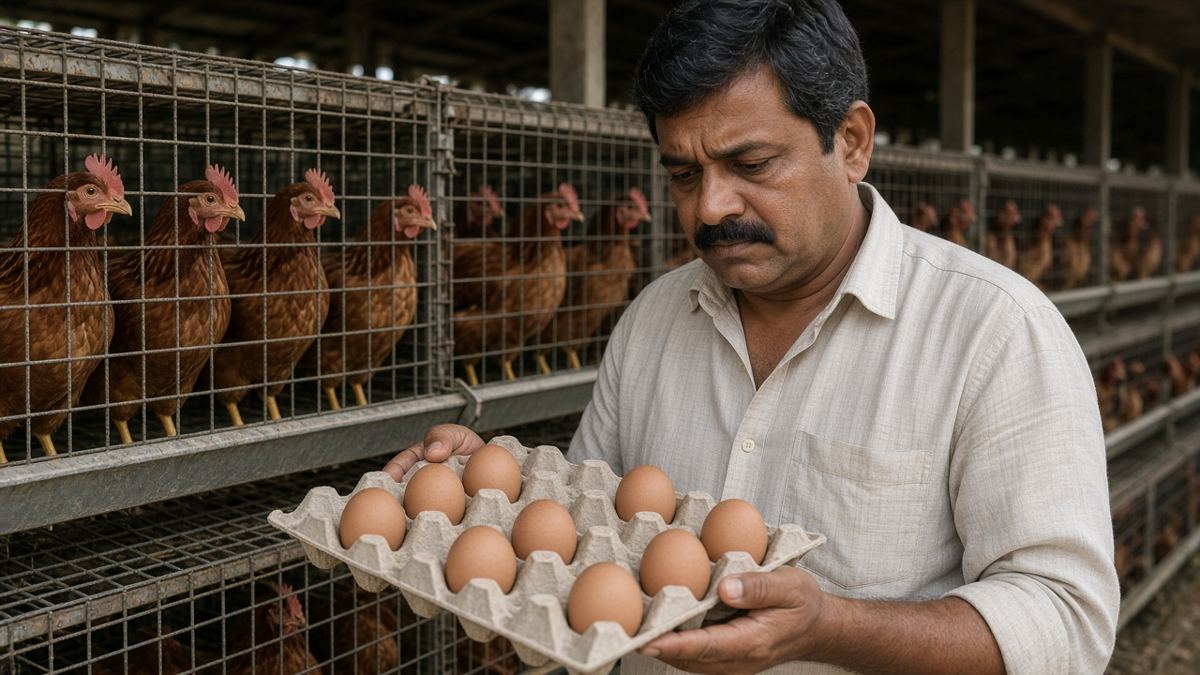 Indian layer farm maalik kam ando wali tray dekhte hue, peeche pinjron mein brown murgiyaan