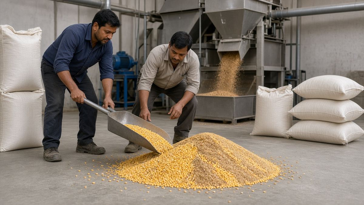 Feed mill mein do Indian aadmi makka aur soya meal milaate hue, saade bore