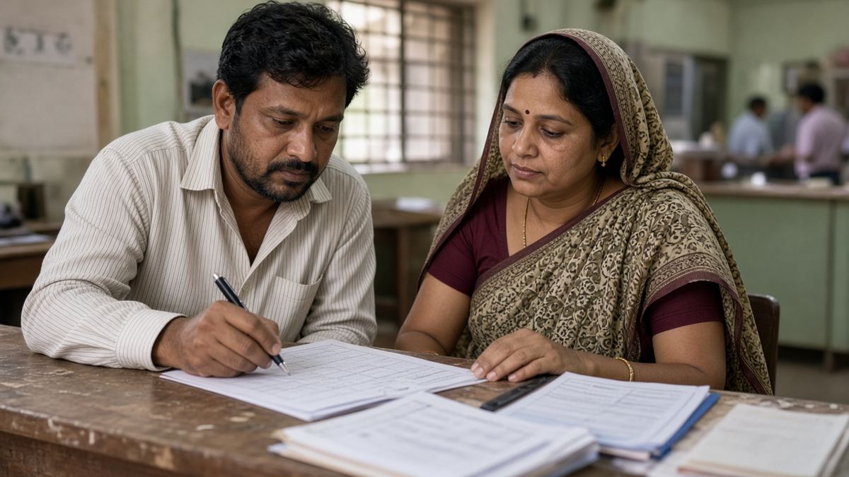 Sarkari daftar mein Indian pati-patni poultry yojana ka form bharte hue