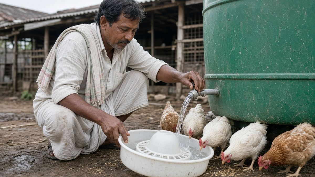 Indian kisaan tanki ke nal se poultry drinker mein saaf paani bharte hue, paas mein murgiyaan