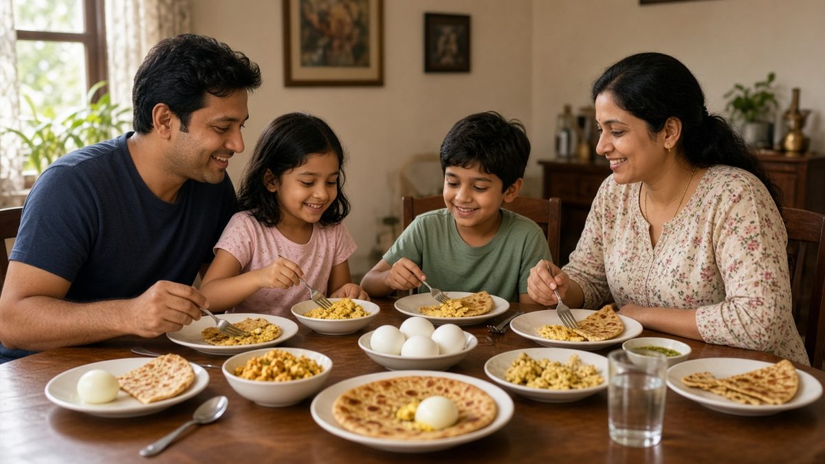 Indian parivaar naashte mein ande aur paratha khaate hue – ande khane ke fayde