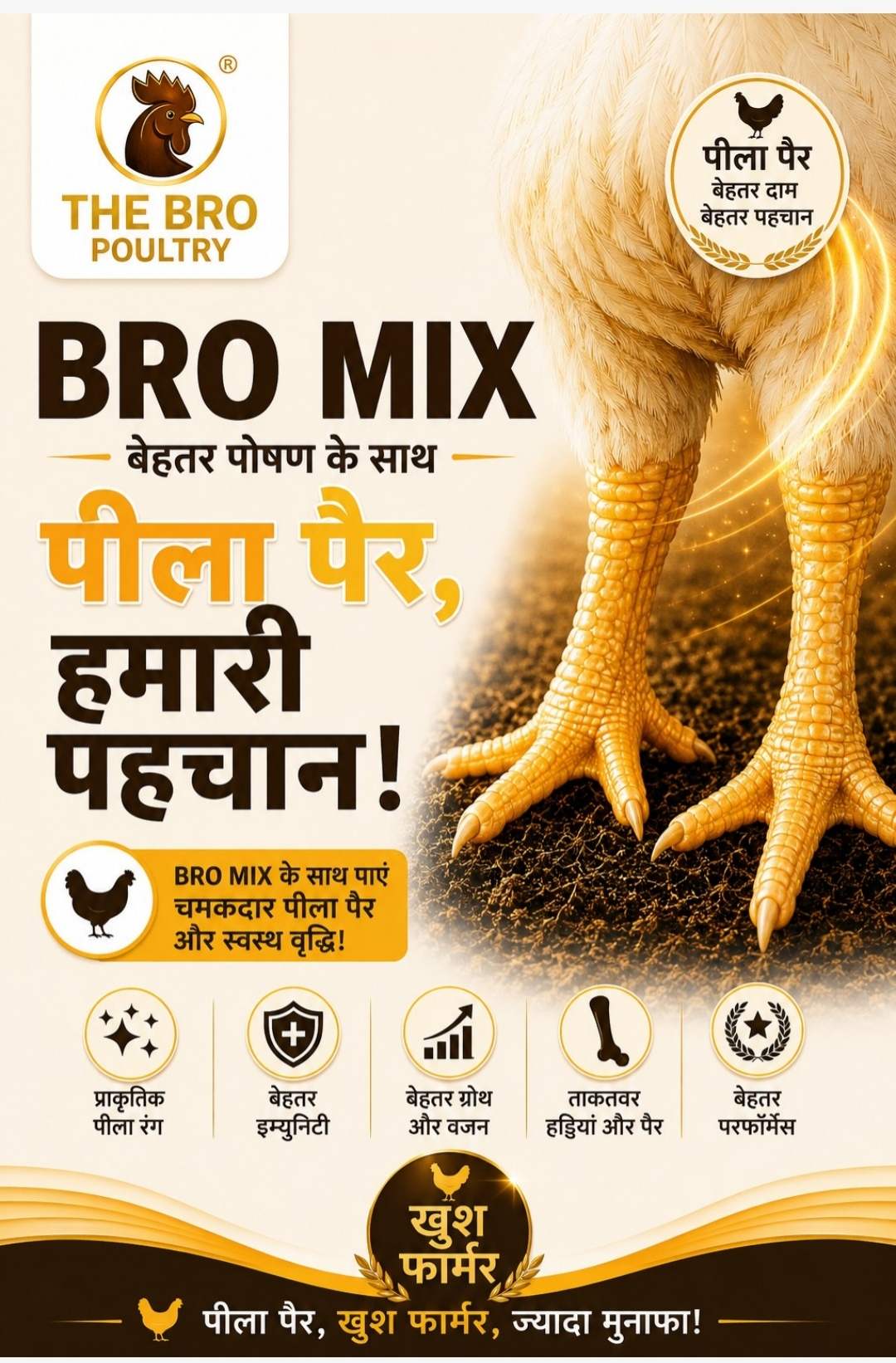 BRO MIX poster – broiler murgi ke chamakdaar peele pair, 
